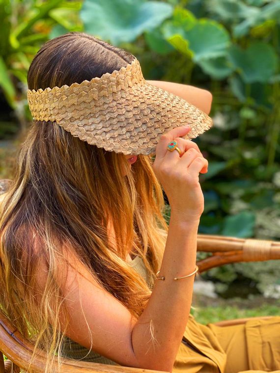 Sending You Aloha aloha at home Straw rattan palm leaf sun visor with UV protection - dark tan color