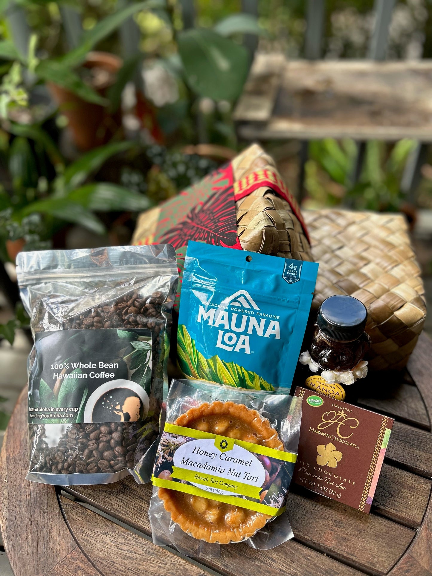 Sending You Aloha Food Gift Baskets Lauhala Gift Box tastes of the Big Island